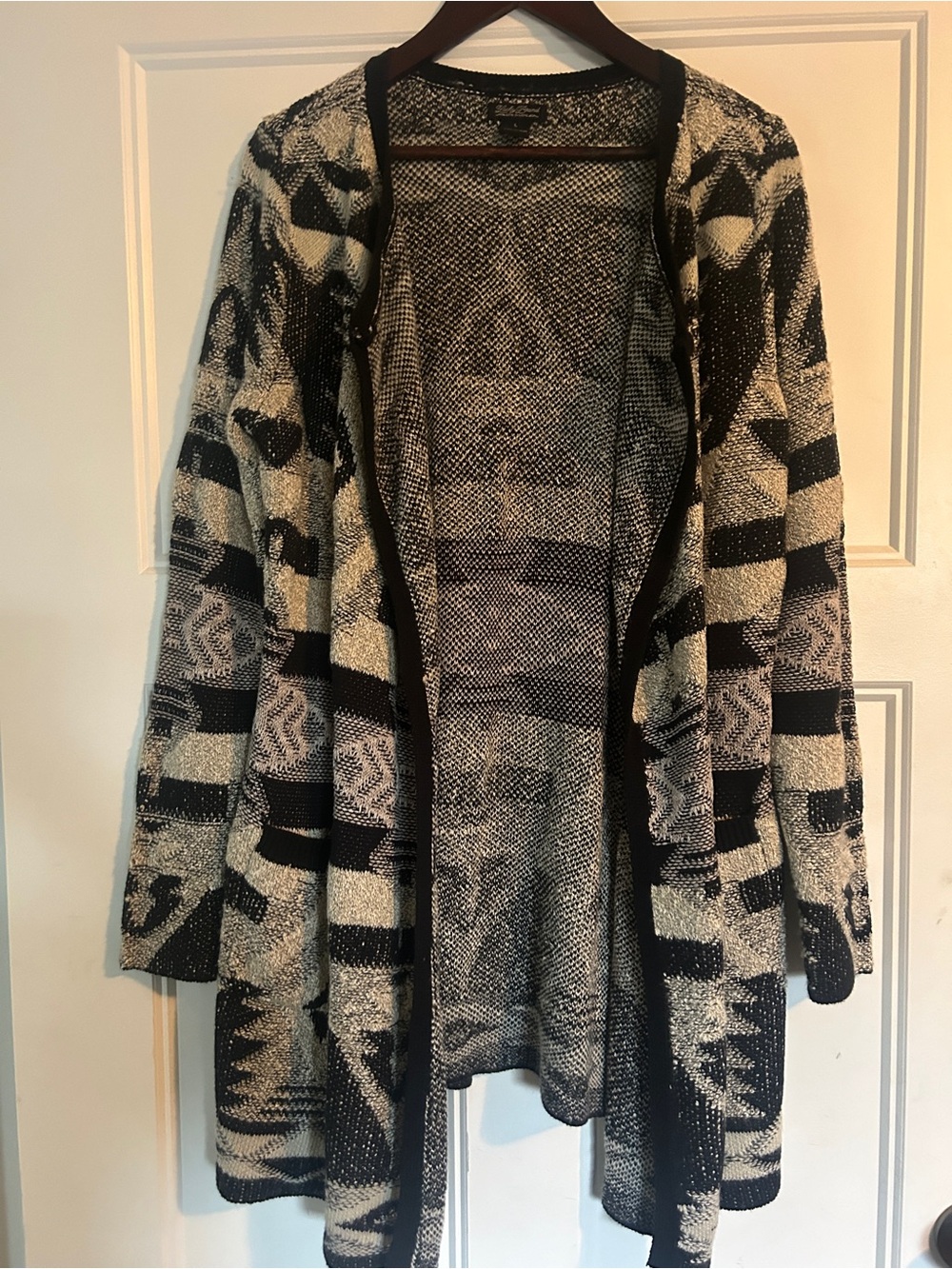 Lucky Brand Black and Cream Aztec Open-Front Cardigan